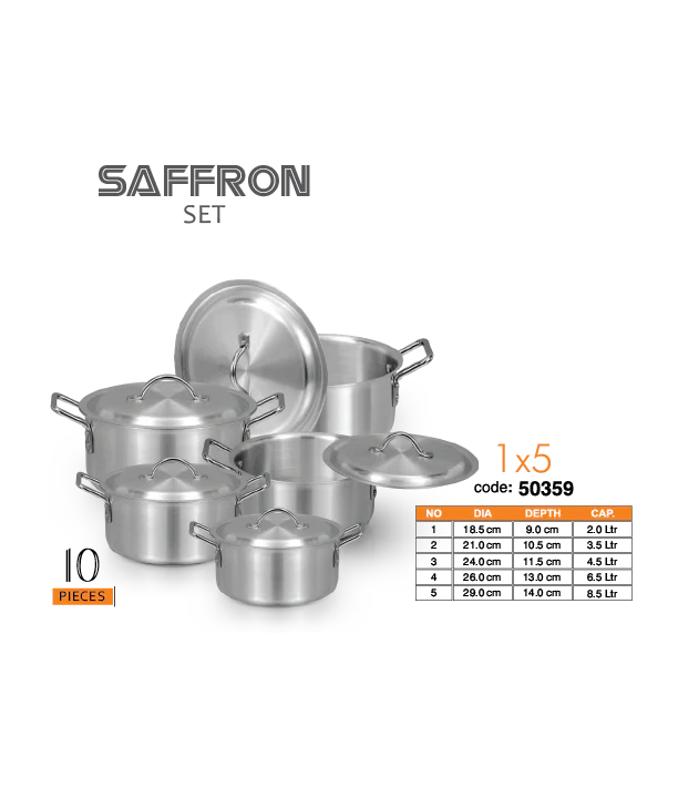 Set of stainless steel cookware with lids on a white background, labeled 'Saffron'.
