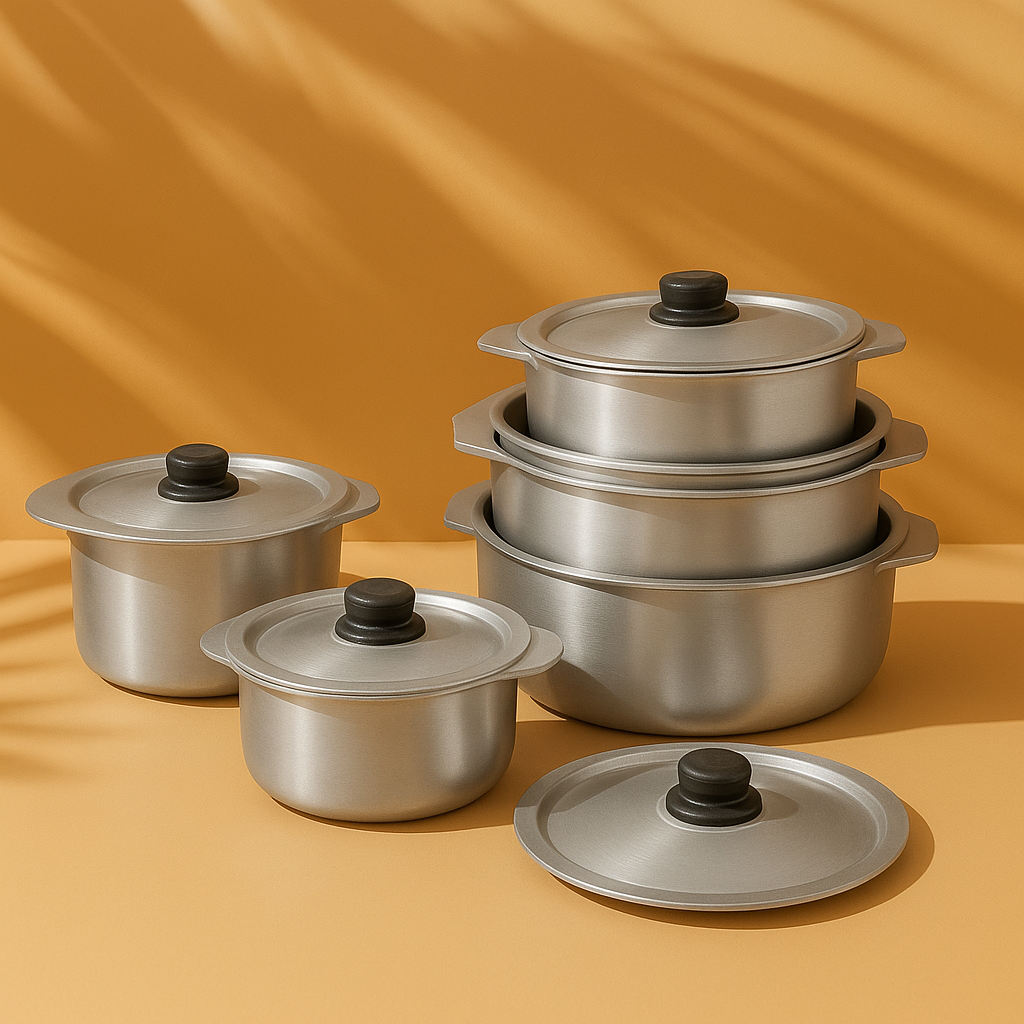 A set of six brushed aluminum pots with lids arranged on a warm beige background with soft shadows, including palm frond patterns. The cookware features black knobs and is displayed in a neat, aesthetically pleasing composition.