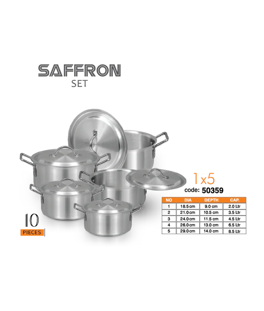 Set of stainless steel cookware with lids on a white background, labeled 'Saffron'.